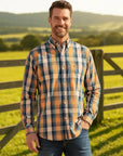 Camisa Country Xadrez Manga Longa Masculino Amarelo E Azul