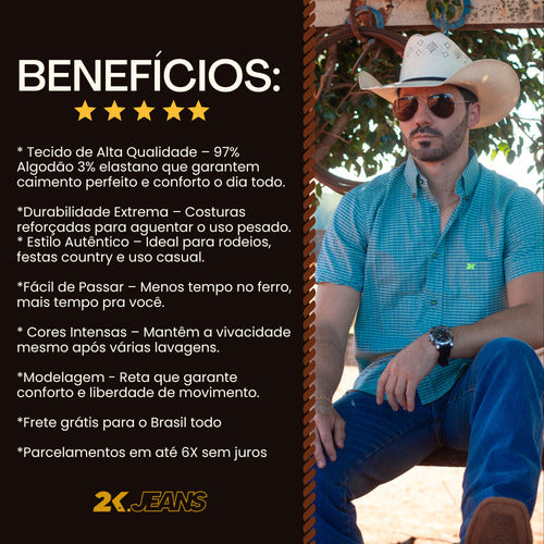 Camisa Xadrez Manga Curta Azul Country