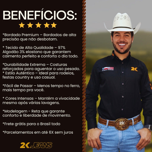 Camisa Country Masculina 2k Jeans Bordada Cowboy Premium