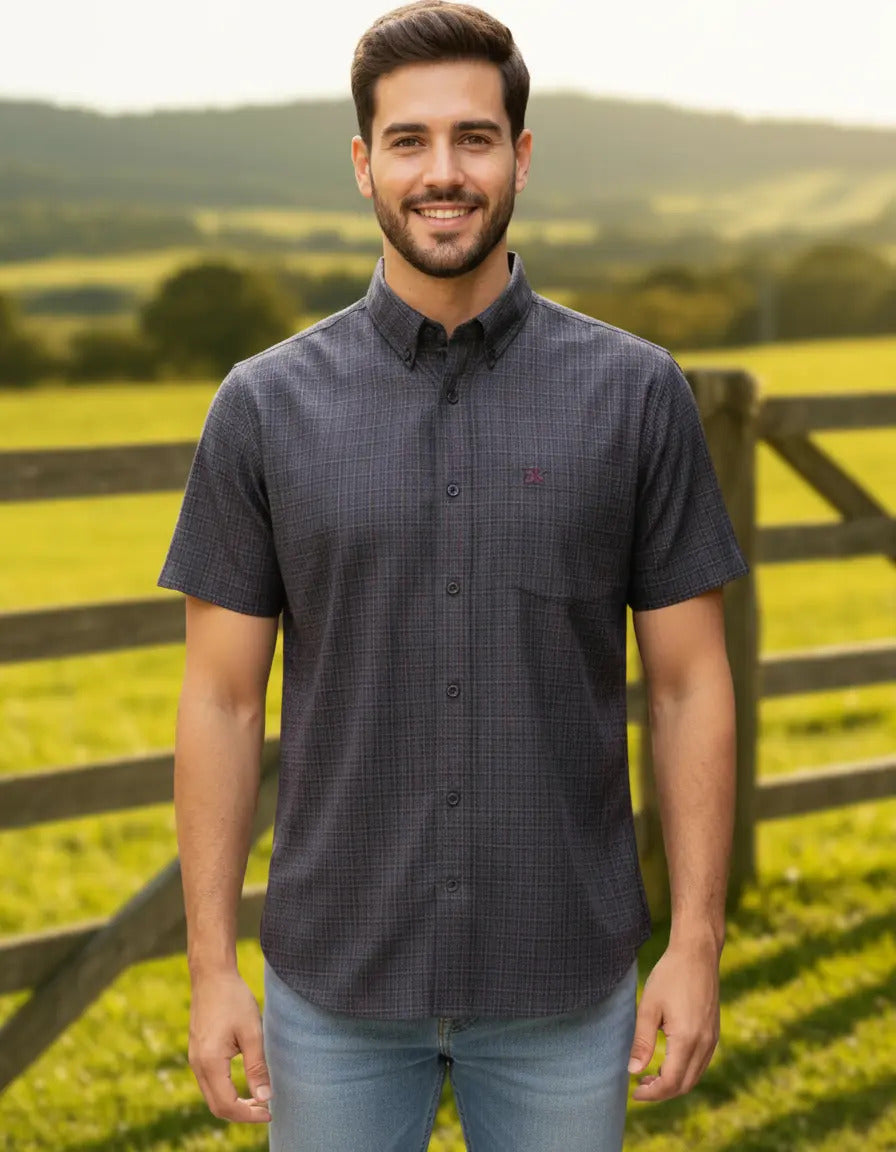 Camisa Country Xadrez Manga Curta Roxo Escuro