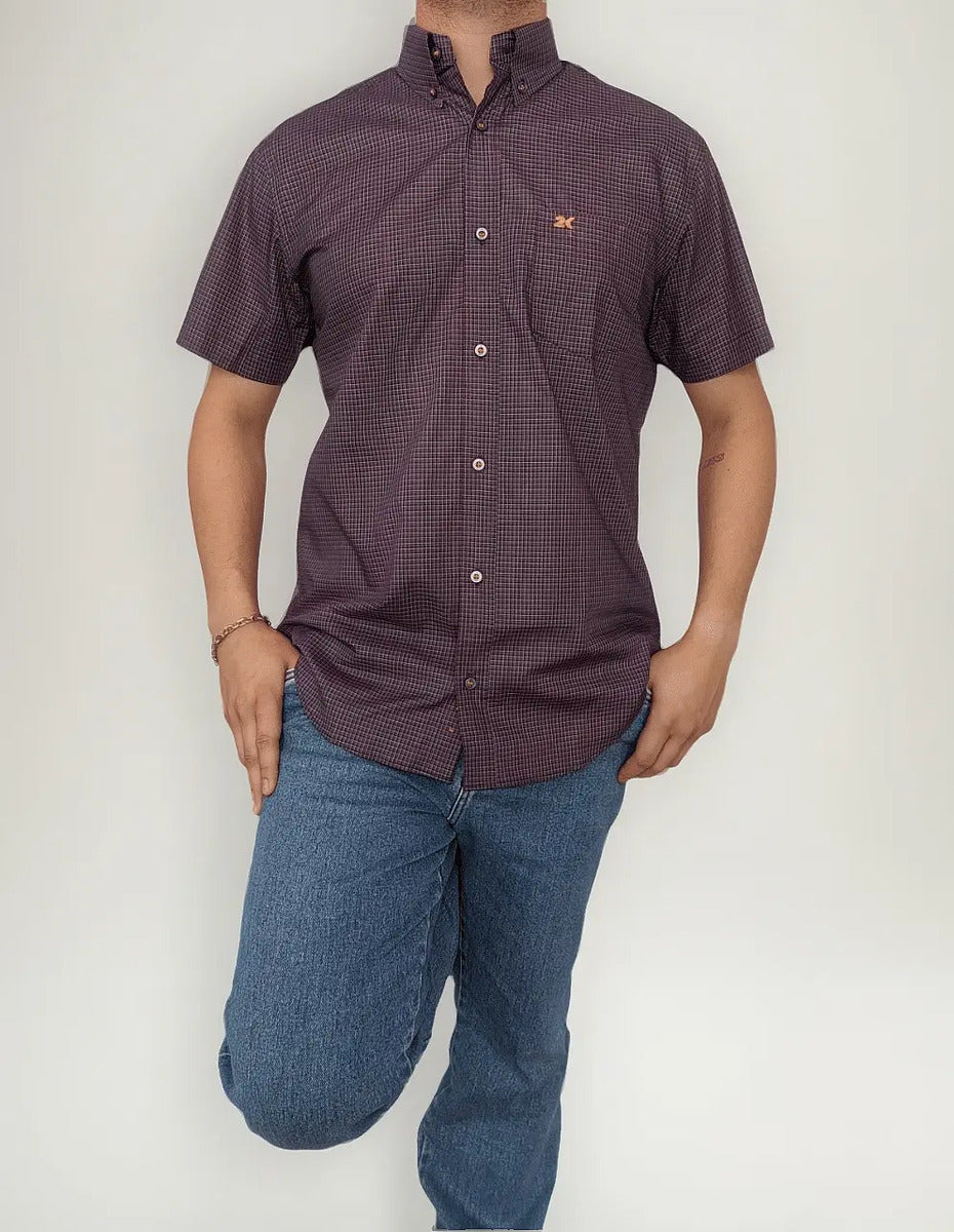 Camisa Country Xadrez Manga Curta Roxo Escuro
