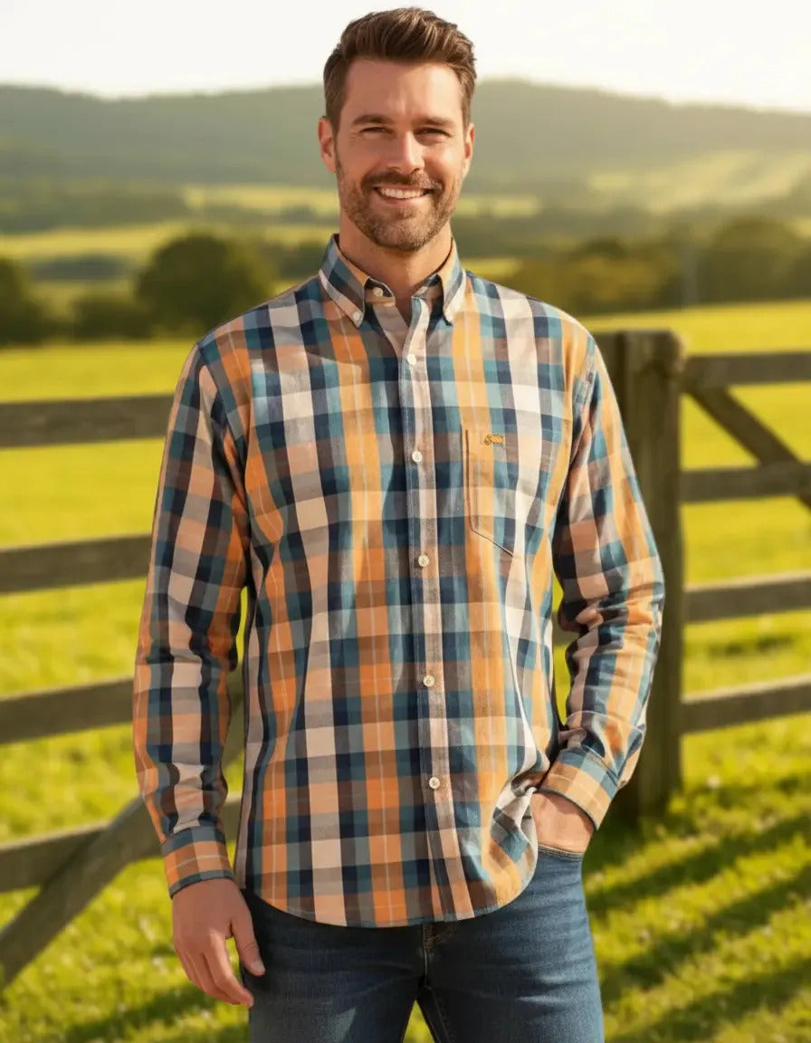 Camisa Country Xadrez Manga Longa Masculino Amarelo E Azul