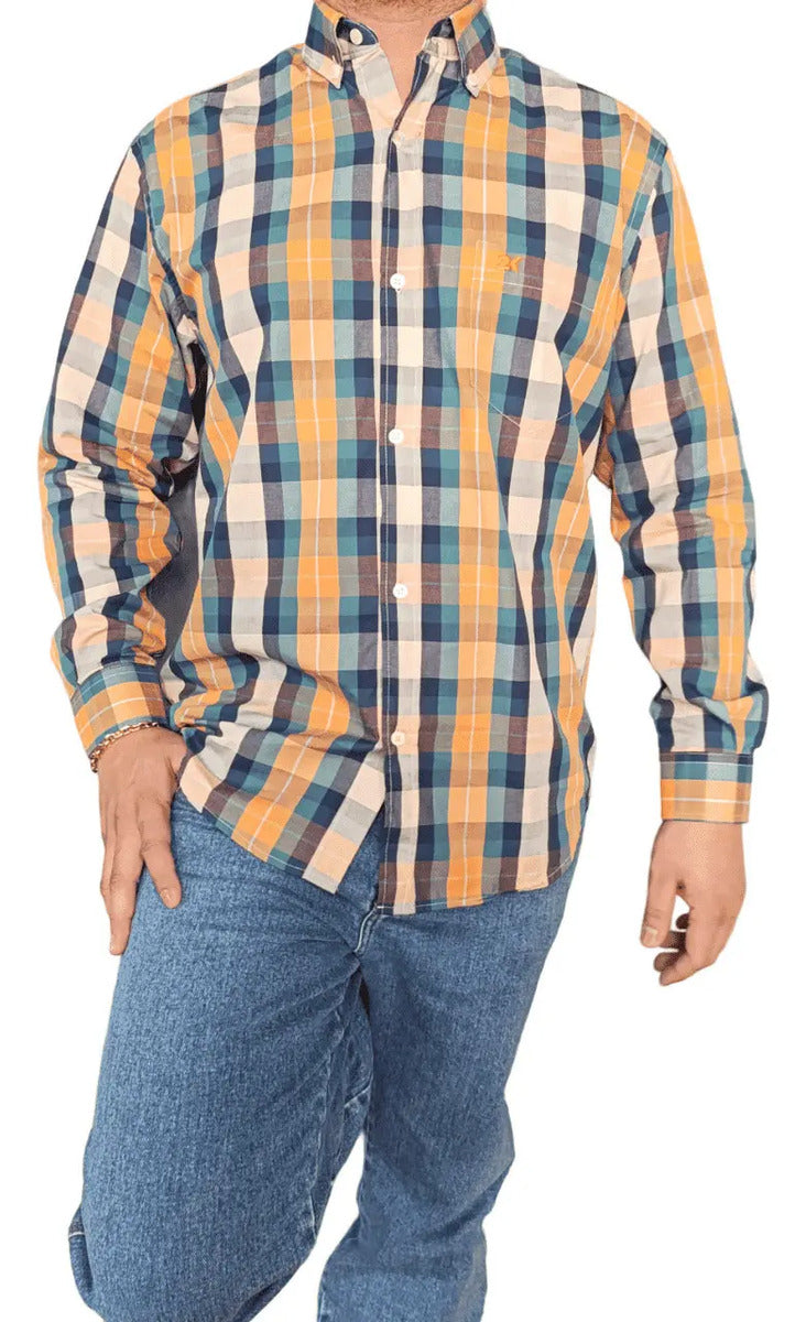 Camisa Country Xadrez Manga Longa Masculino Amarelo E Azul